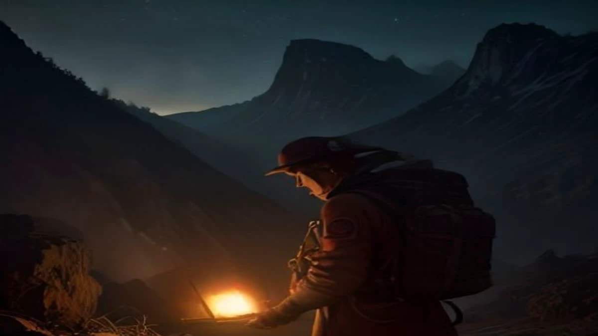 An engineer holding a tablet at the end of a row of miners in cool twilight ambience, framed over the shoulder